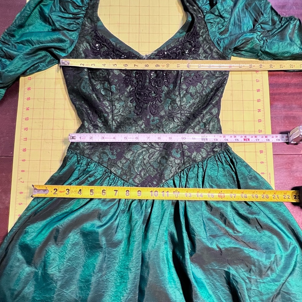VINTAGE 80s holographic prom gown formal dress dark moody emerald forest lace - Picture 14 of 17